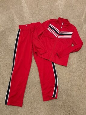 Red Track Jacket and Pants Set with navy & White Stripes